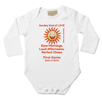 Personalized Baby Long Sleeve Bodysuit - Born on Sunday - Perfect Little Chaos
