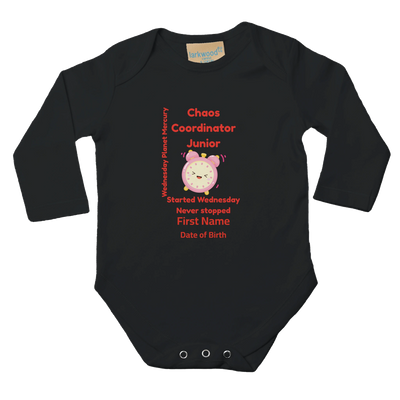 Personalized Baby Long Sleeve Bodysuit - Born on Wednesday - Chaos Coordinator