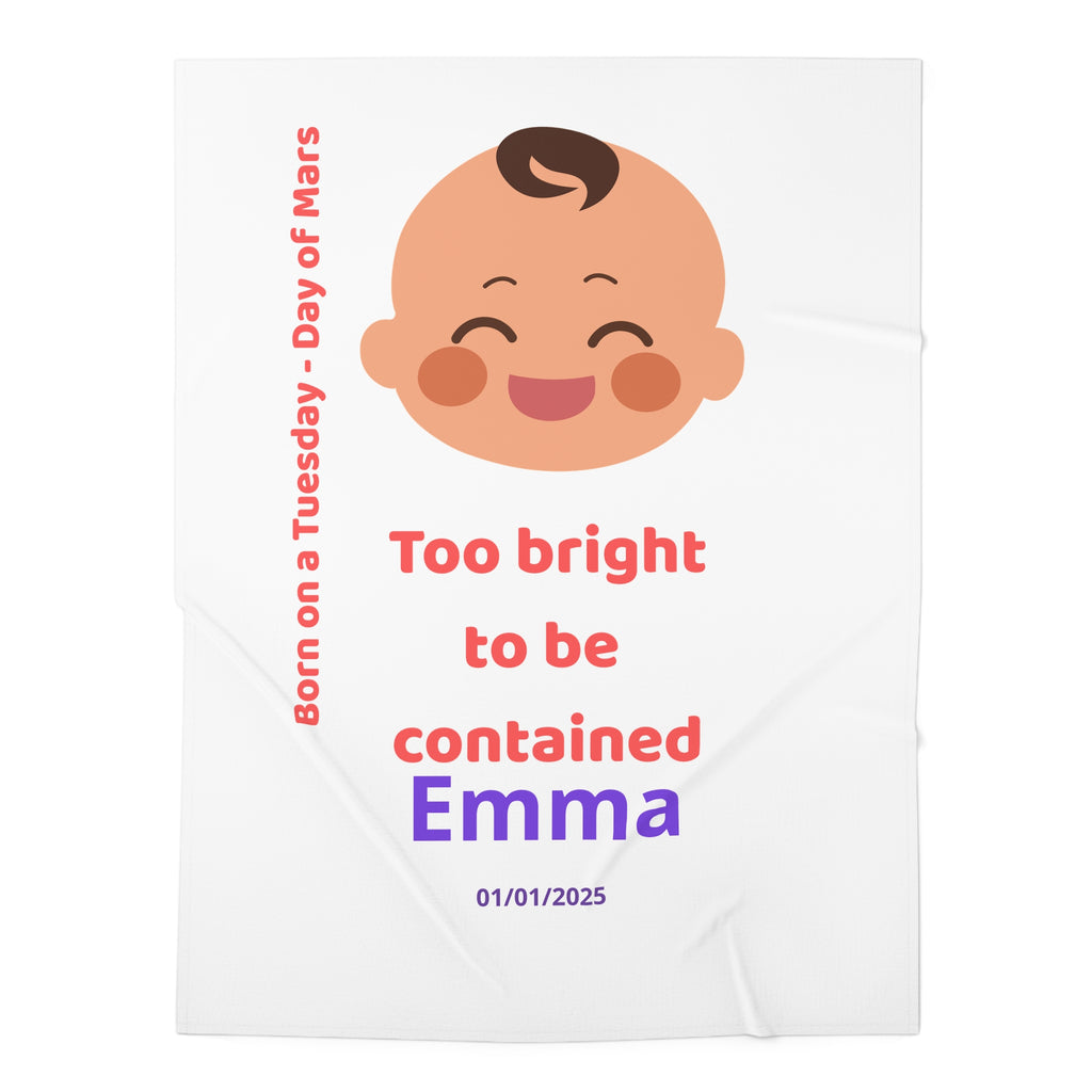 Personalized Baby Swaddle Blanket - Born on Tuesday - Too Bright to Be Contained