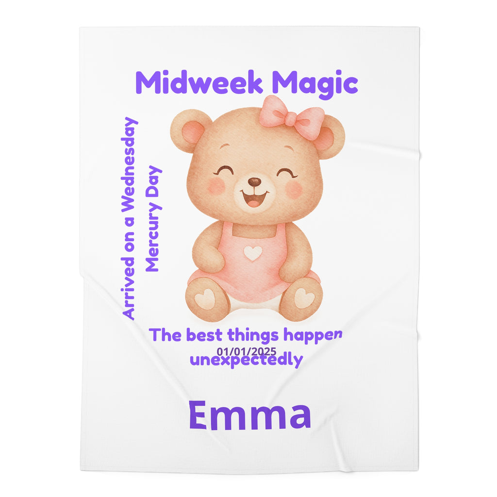 Personalized Baby Swaddle Blanket - Born on Wednesday - Midweek Magic