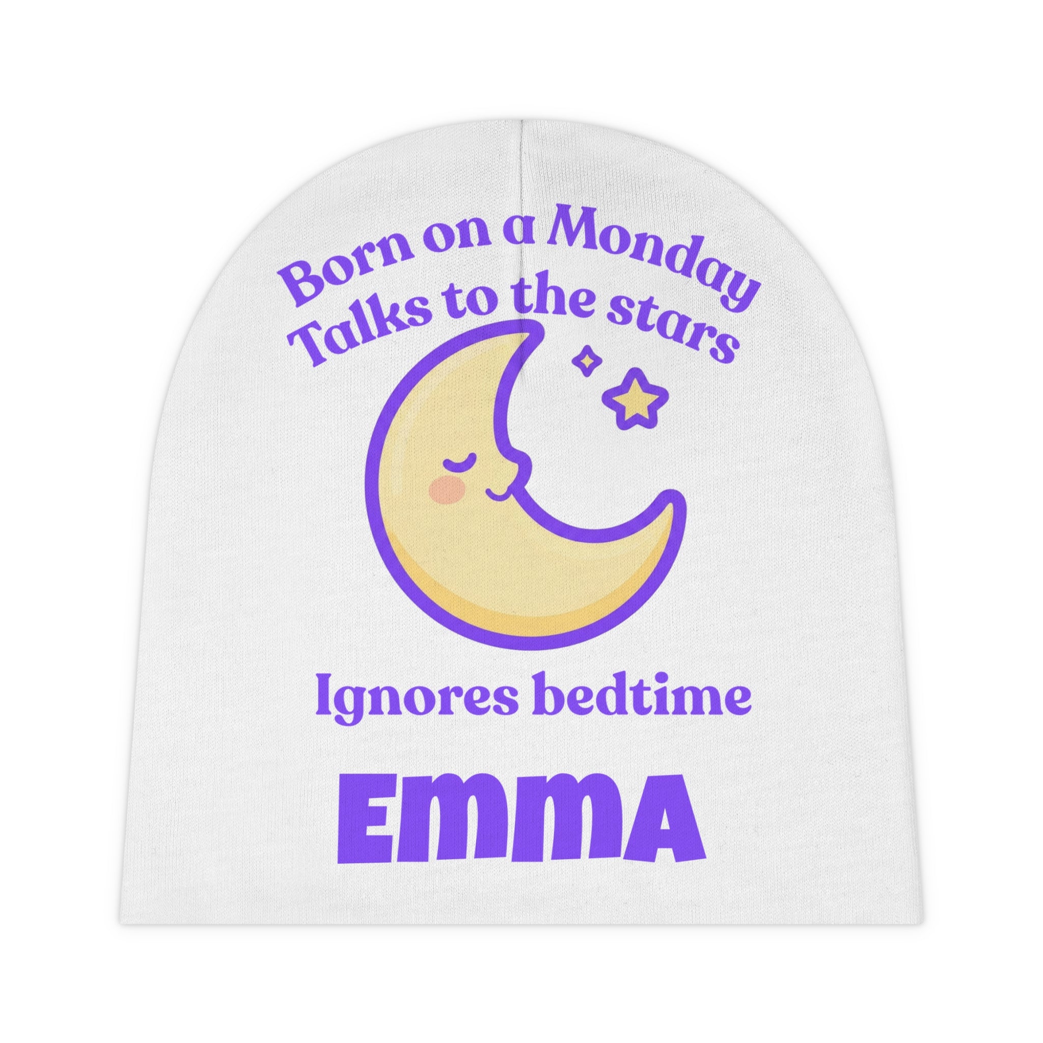Personalized Baby Beanie - Born on Monday - Ignores Bedtime