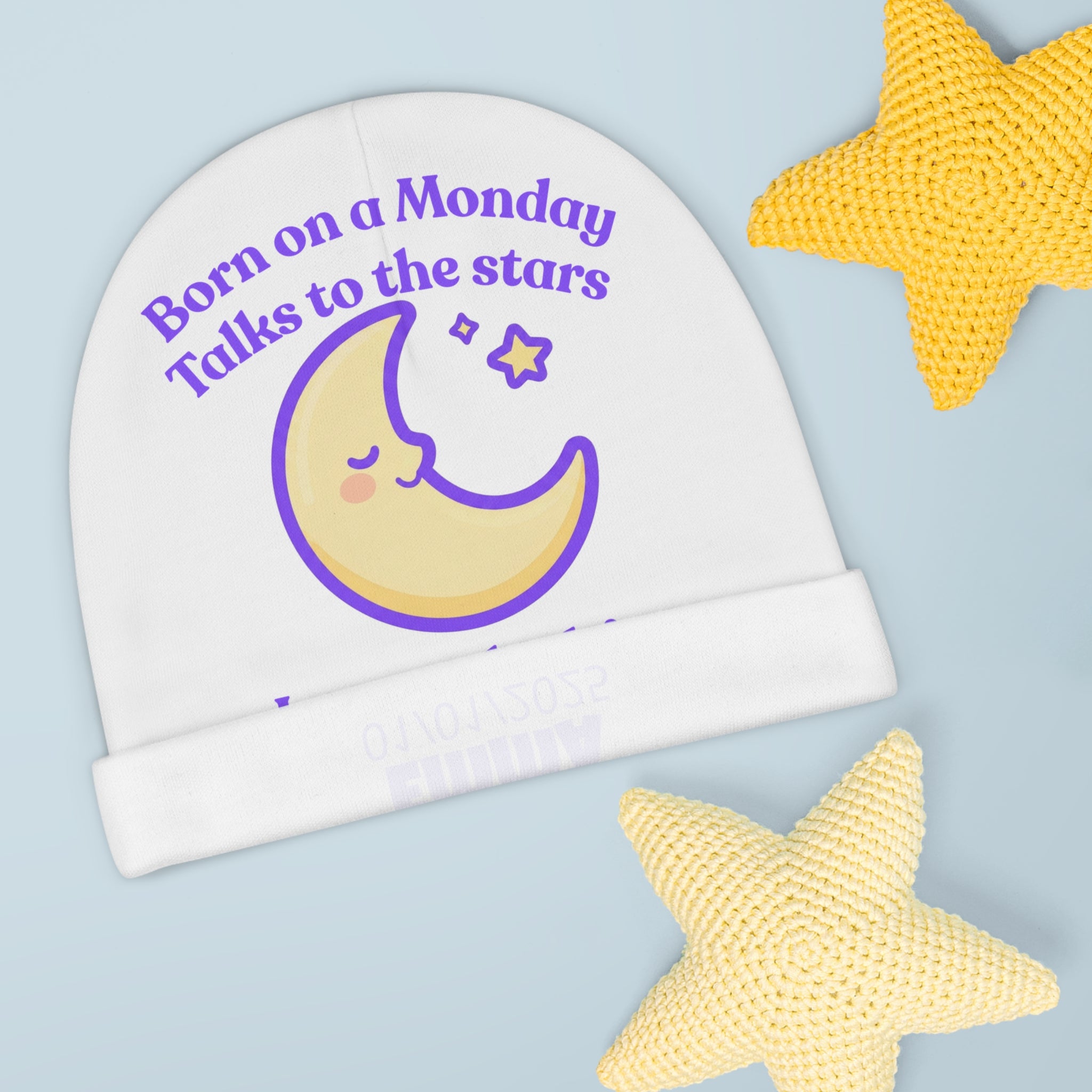 Personalized Baby Beanie - Born on Monday - Ignores Bedtime