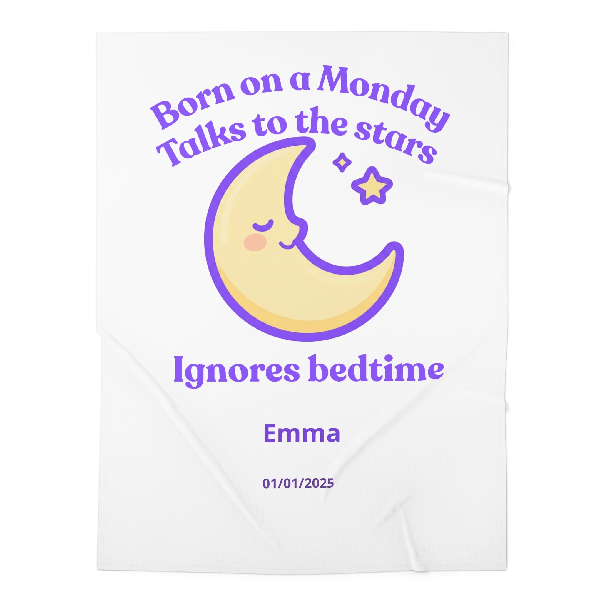 Personalized Baby Swaddle Blanket - Born on Monday - Ignores Bedtime