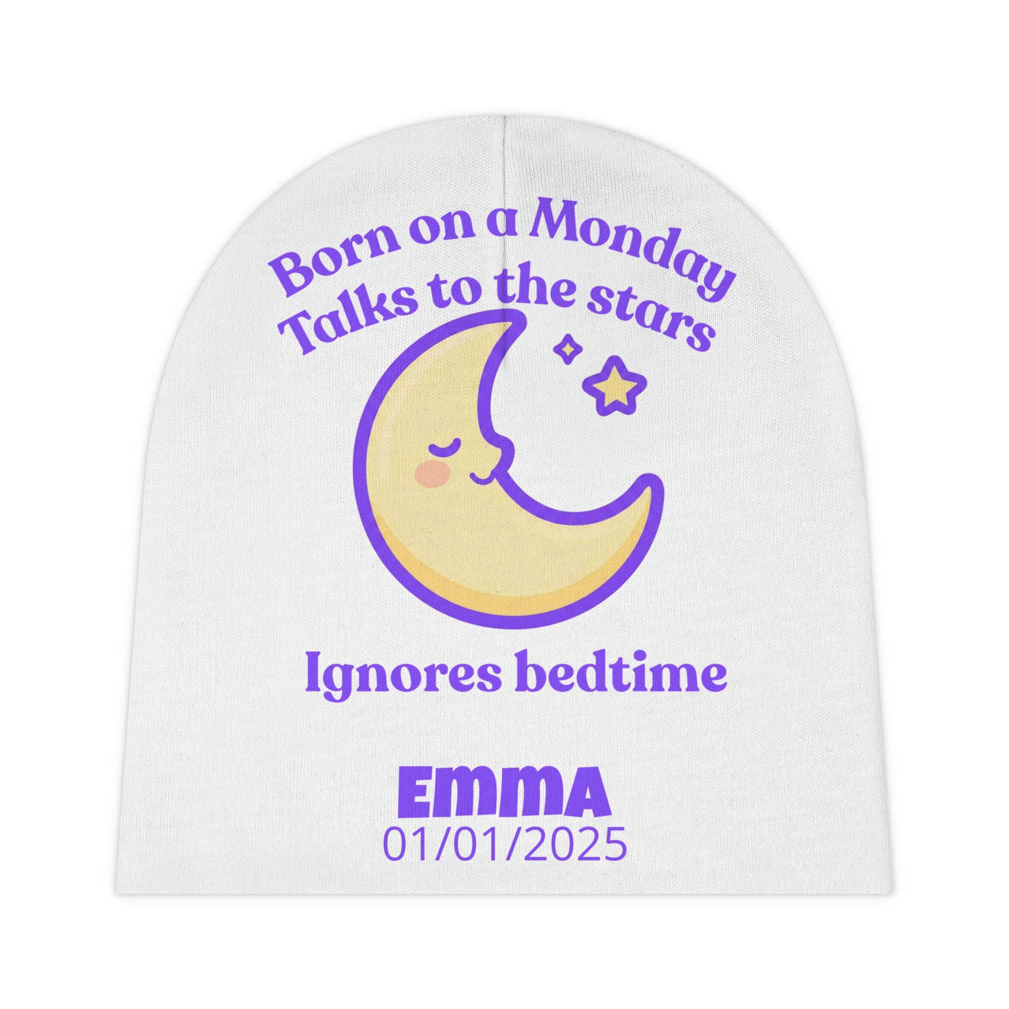 Personalized Baby Beanie - Born on Monday - Ignores Bedtime