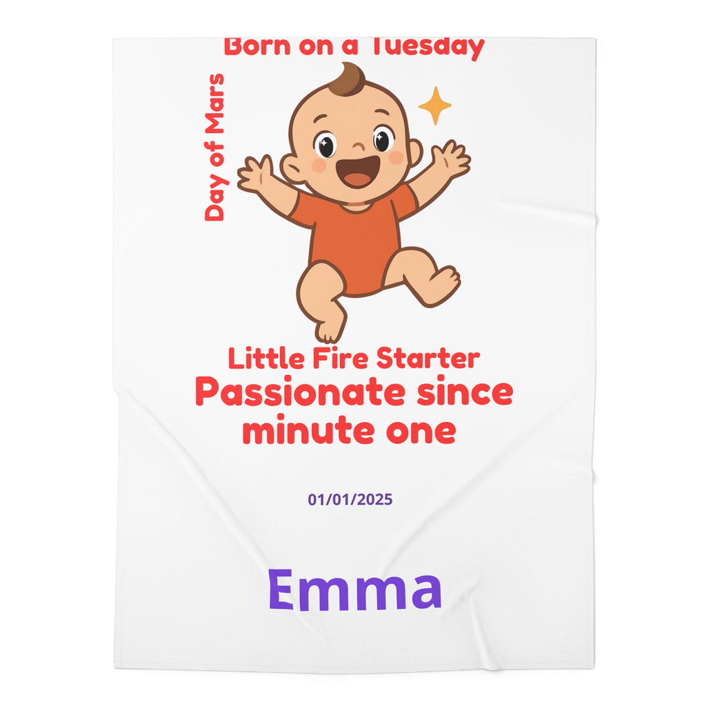 Personalized Baby Swaddle Blanket - Born on Tuesday - Little Fire Starter