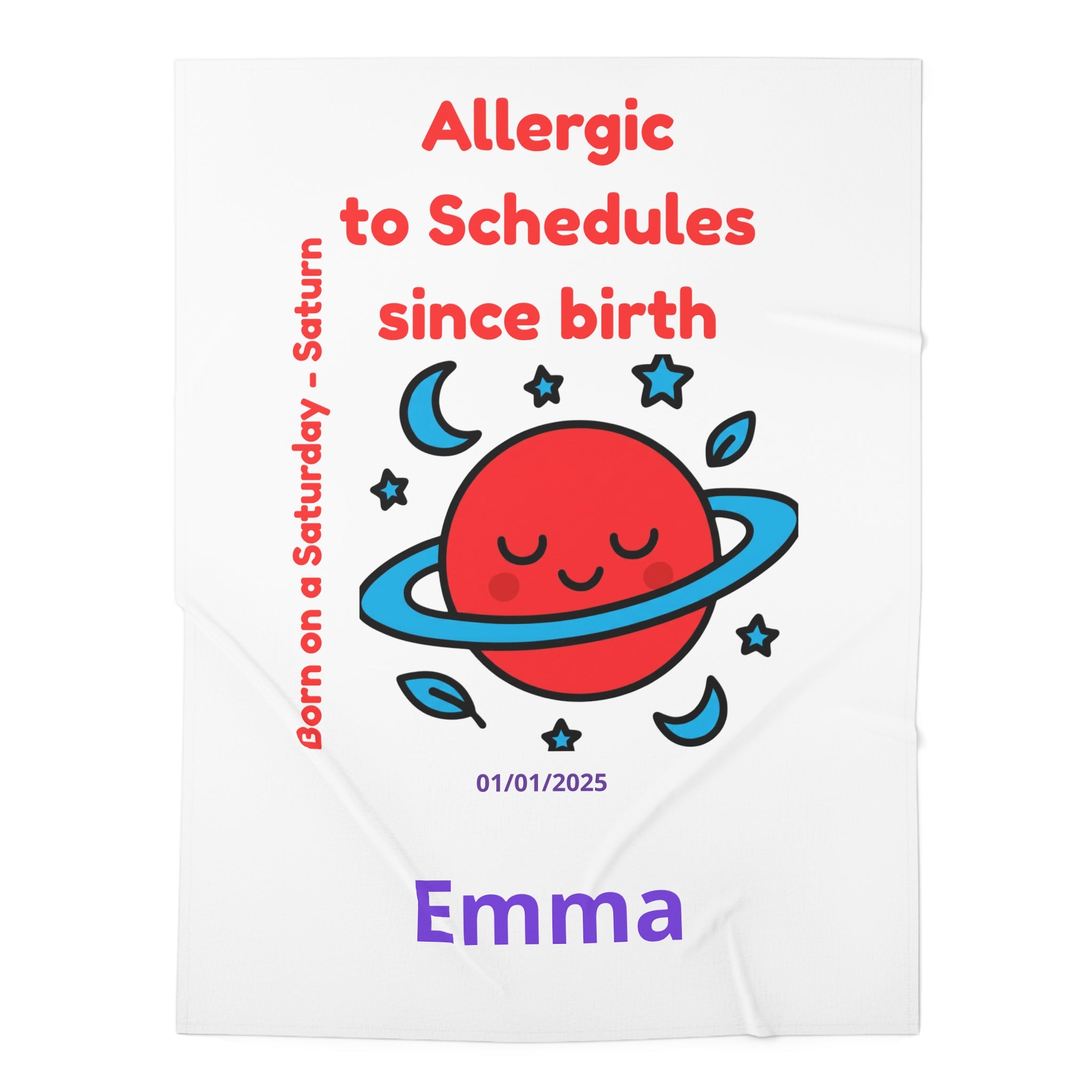 Personalized Baby Swaddle Blanket - Born on Saturday - Allergic to Schedules