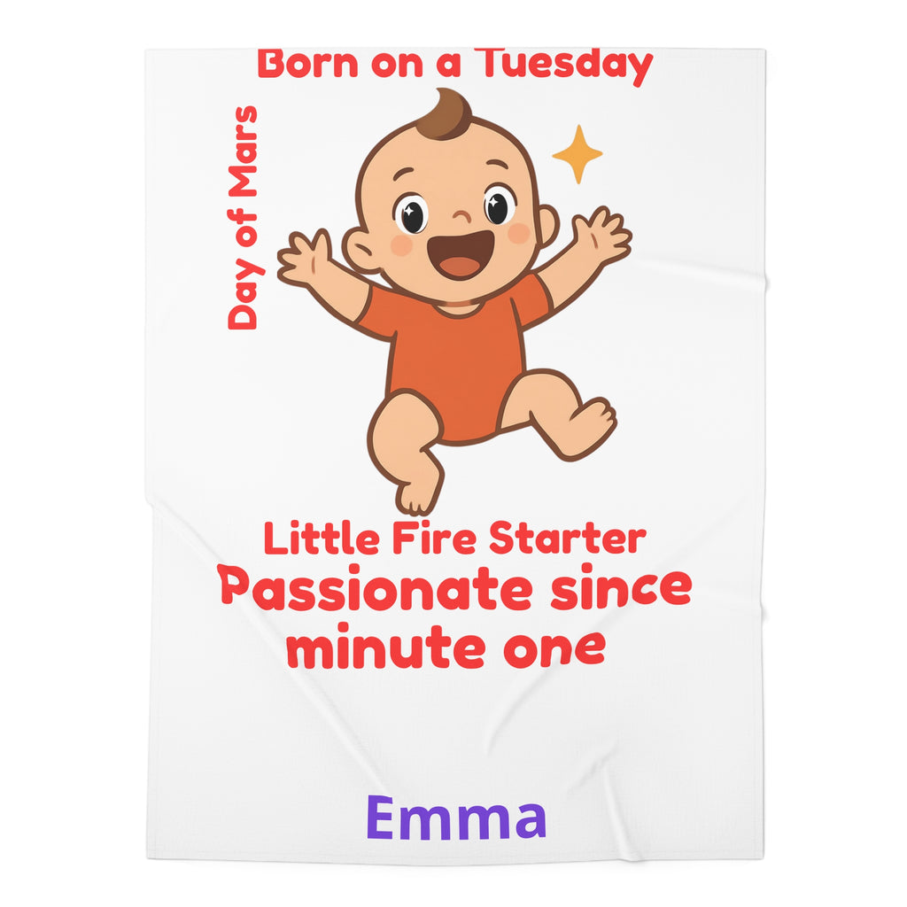 Personalized Baby Swaddle Blanket - Born on Tuesday - Little Fire Starter