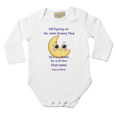 Personalized Baby Long Sleeve Bodysuit - Born on Monday - Still Figuring Out Sleep