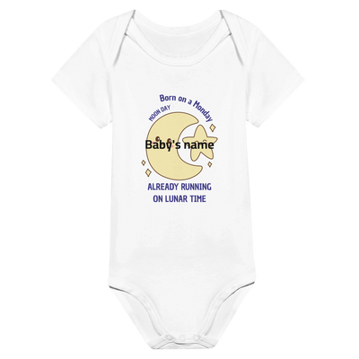 Personalized Baby Bodysuit - Born on a Monday - Running on Lunar Time