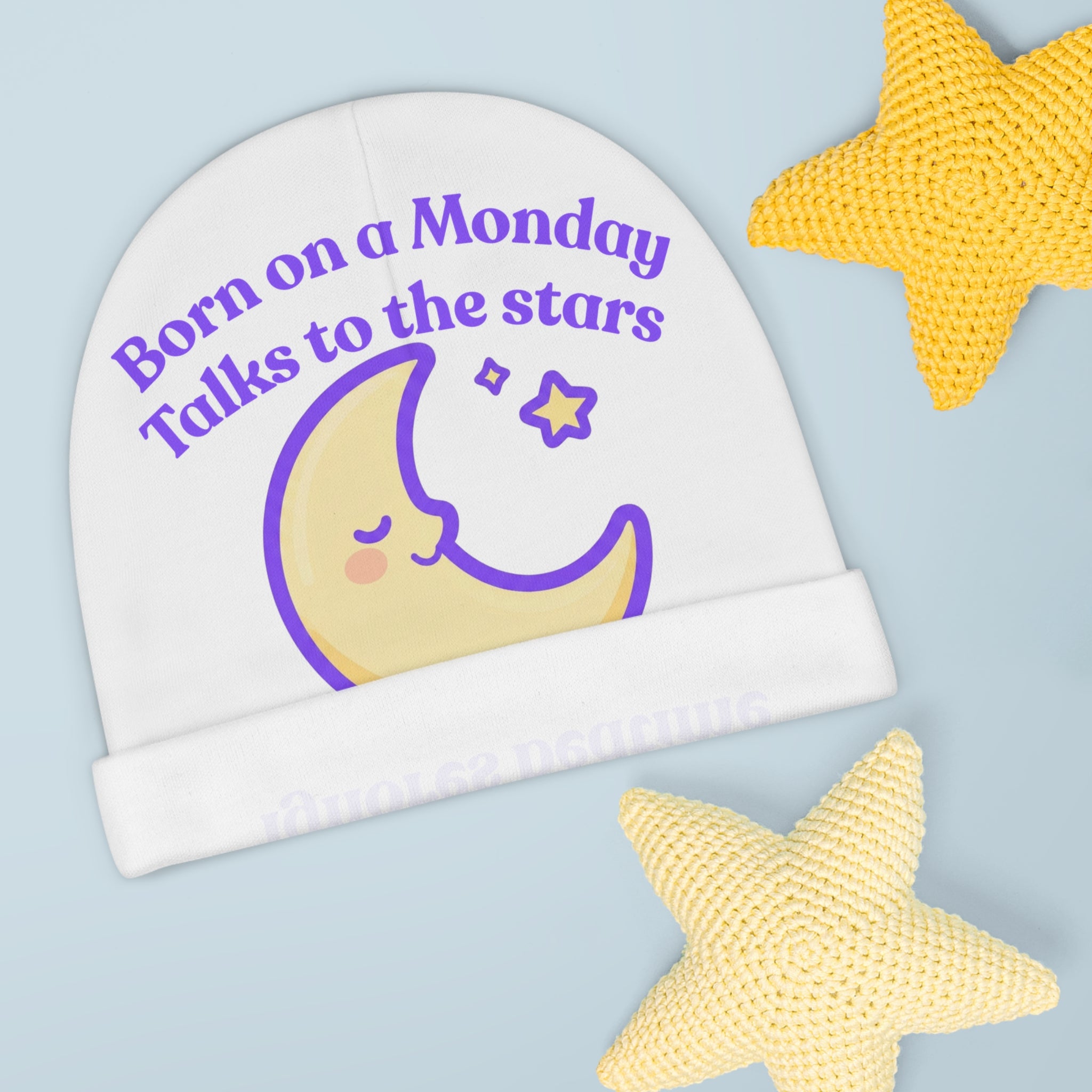 Personalized Baby Beanie - Born on Monday - Ignores Bedtime