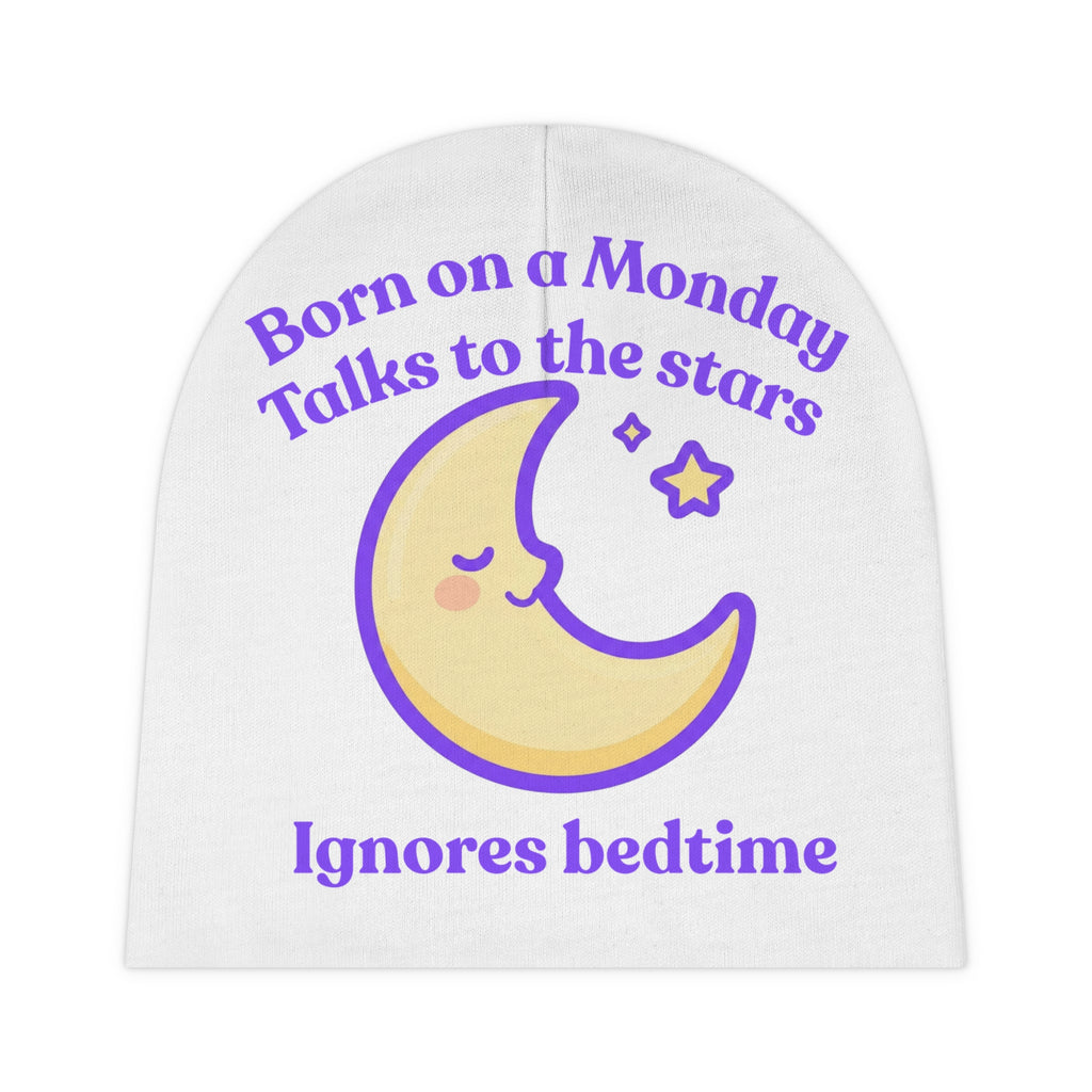 Personalized Baby Beanie - Born on Monday - Ignores Bedtime