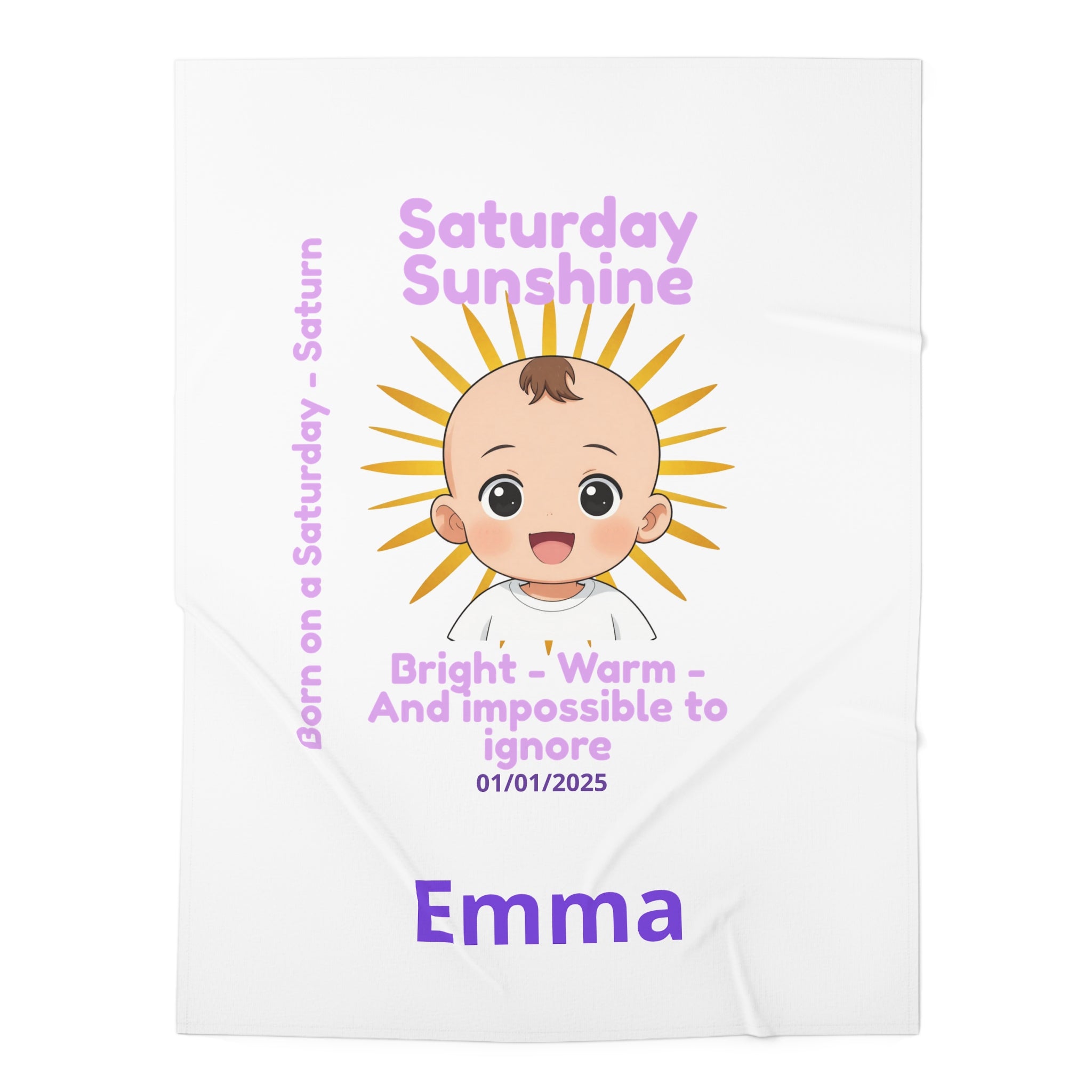Personalized Baby Swaddle Blanket - Born on Saturday - Saturday Sunshine