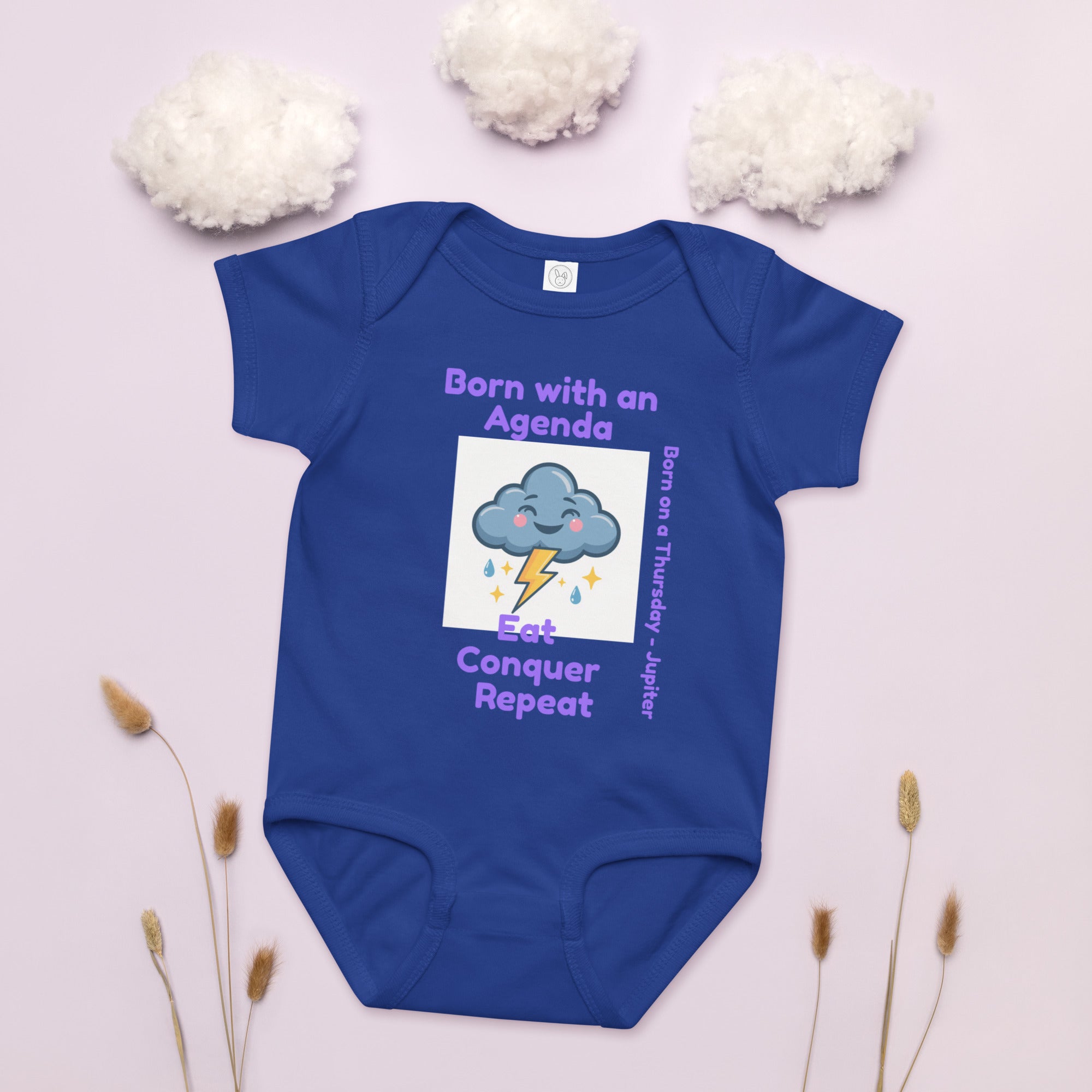 Born on Thursday baby bodysuit with 'Born With an Agenda' quote – MyWeekDayBirth