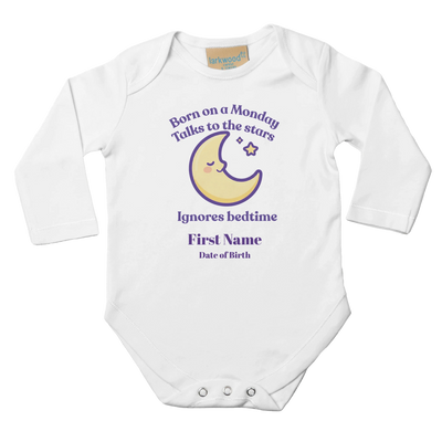 Personalized Baby Long Sleeve Bodysuit - Born on Monday - Ignores Bedtime
